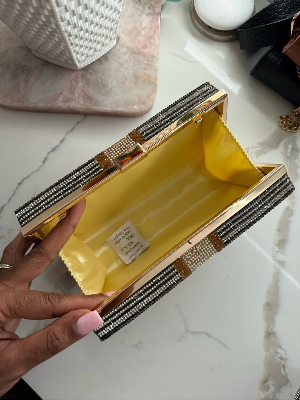 Embellished Money Print Crystal Clutch - Silver & Gold - Picture 5 of 7